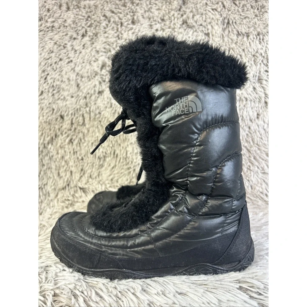 The North Face Sz 6 Nuptse Boots Black Goose Down Faux Fur Winter Snow Grip Puff